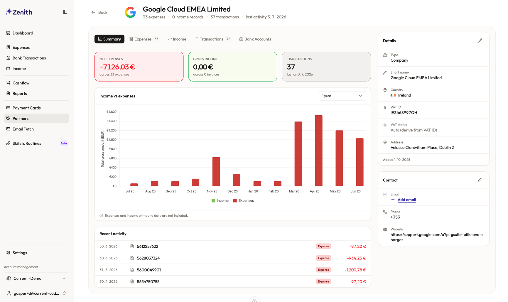 Revenue by customer and supplier costs per business partner in Zenith