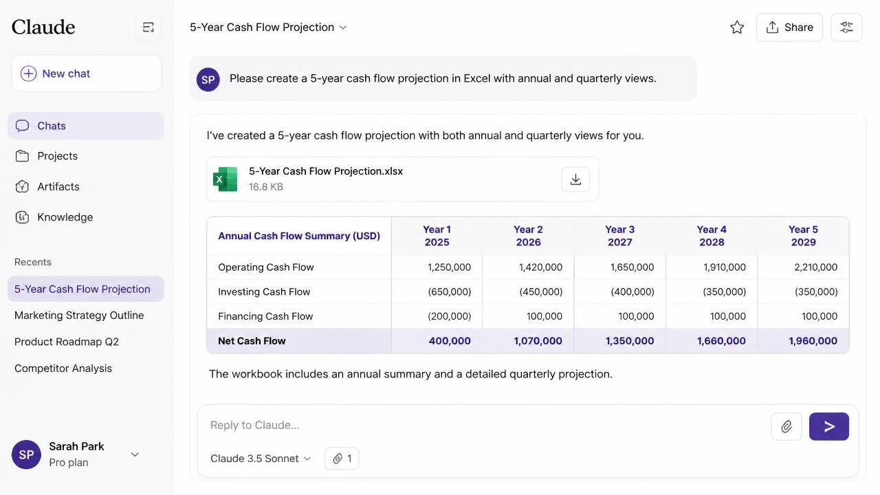 Claude generating a formatted Excel cash flow workbook from bank transaction data